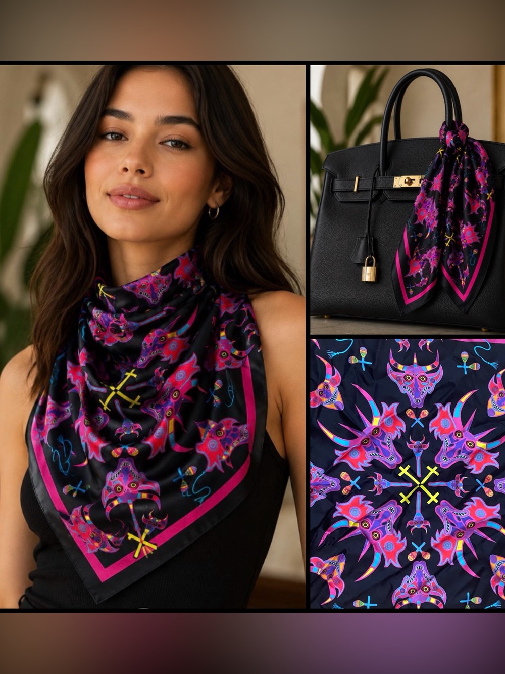 Meridiano 67º Diabladas 100% Real Silk Luxury Foulard Mythical 19” Square Scarf
